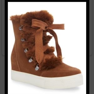 Steve Madden Wharton Chestnut Suede Faux Fur Wedge Sneaker Boots Sz 10 M NEW